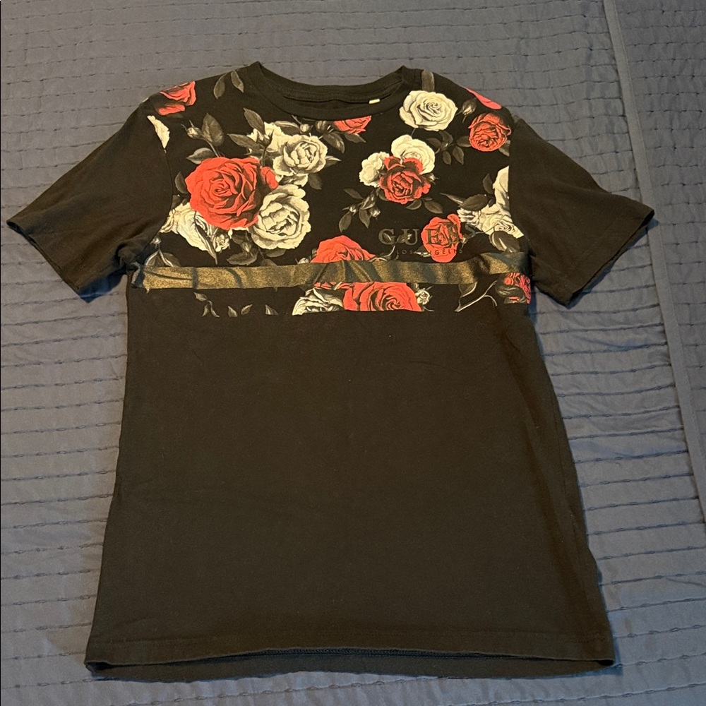 Guess Black T-Shirt with Red and White Floral Design